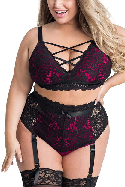 EVELUST plus Size Lingerie for Women - Sexy Luxe Criss-Cross Bra Lace Cup Classic Underwear High Waisted Suspender Set Black Rose / 4X-Large