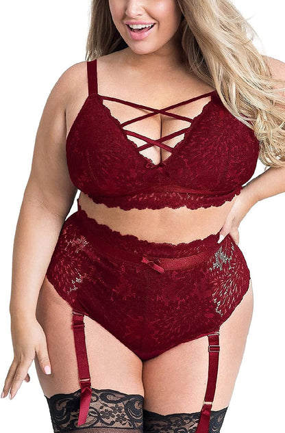 EVELUST plus Size Lingerie for Women - Sexy Luxe Criss-Cross Bra Lace Cup Classic Underwear High Waisted Suspender Set Wine / 4X-Large