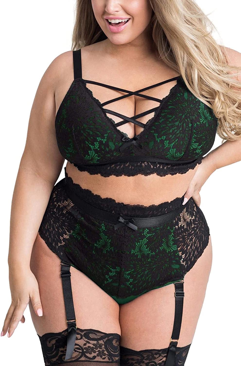 EVELUST plus Size Lingerie for Women - Sexy Luxe Criss-Cross Bra Lace Cup Classic Underwear High Waisted Suspender Set Black Green / XX-Large
