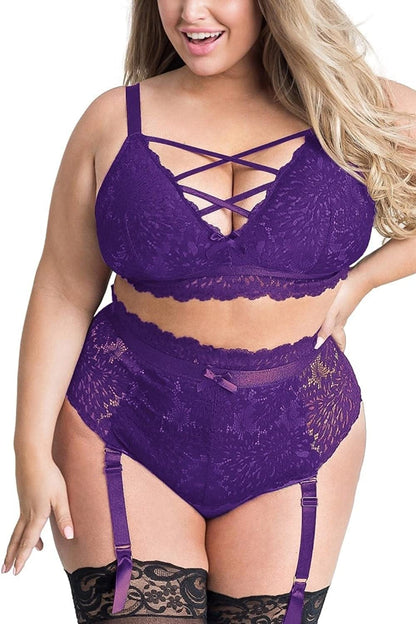 EVELUST plus Size Lingerie for Women - Sexy Luxe Criss-Cross Bra Lace Cup Classic Underwear High Waisted Suspender Set Purple / Large