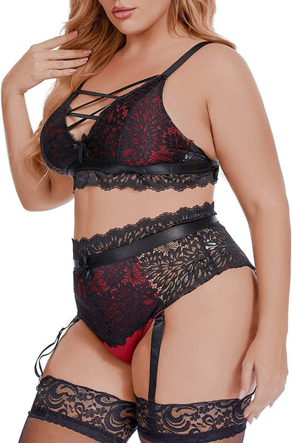 EVELUST plus Size Lingerie for Women - Sexy Luxe Criss-Cross Bra Lace Cup Classic Underwear High Waisted Suspender Set