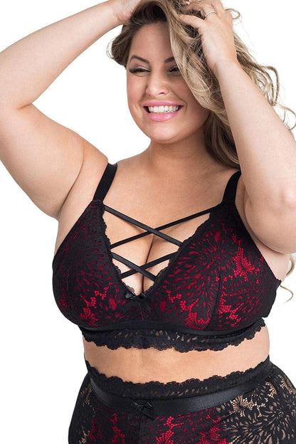 EVELUST plus Size Lingerie for Women - Sexy Luxe Criss-Cross Bra Lace Cup Classic Underwear High Waisted Suspender Set