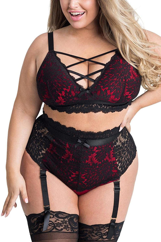 EVELUST plus Size Lingerie for Women - Sexy Luxe Criss-Cross Bra Lace Cup Classic Underwear High Waisted Suspender Set Black Red / XX-Large