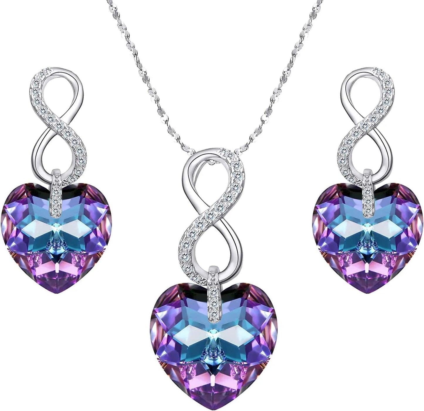 EVER FAITH 925 Sterling Silver CZ Figure 8 Infinity Love Heart Pendant Necklace Earrings Set Vitrial Light Purple