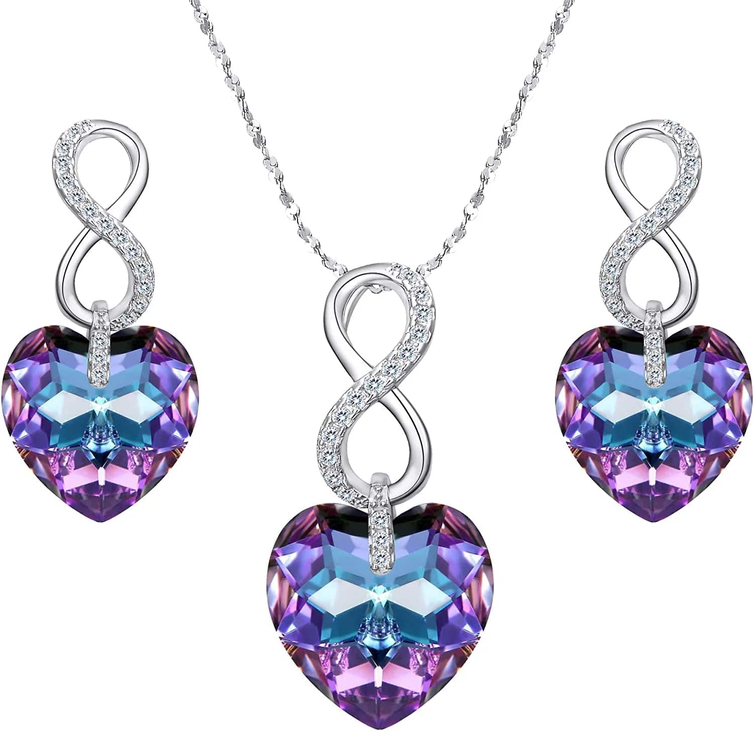 EVER FAITH 925 Sterling Silver CZ Figure 8 Infinity Love Heart Pendant Necklace Earrings Set Vitrial Light Purple