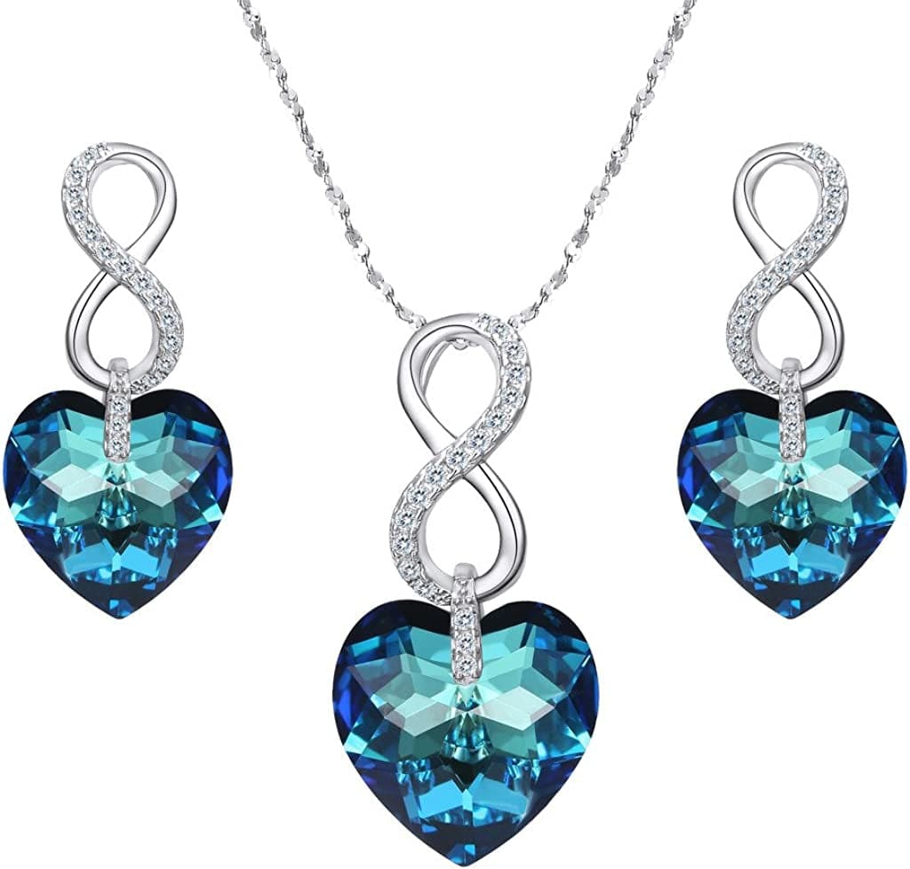 EVER FAITH 925 Sterling Silver CZ Figure 8 Infinity Love Heart Pendant Necklace Earrings Set Bermuda Blue
