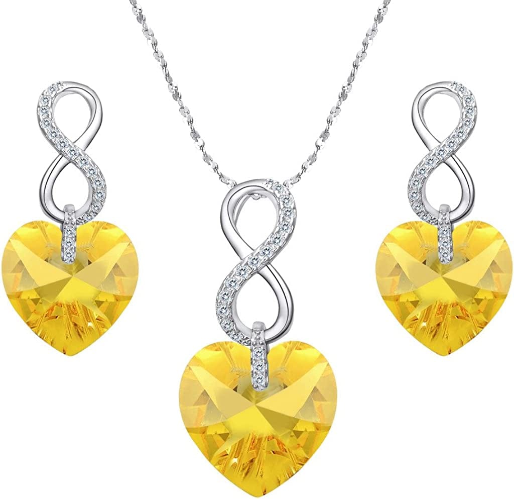 EVER FAITH 925 Sterling Silver CZ Figure 8 Infinity Love Heart Pendant Necklace Earrings Set Yellow