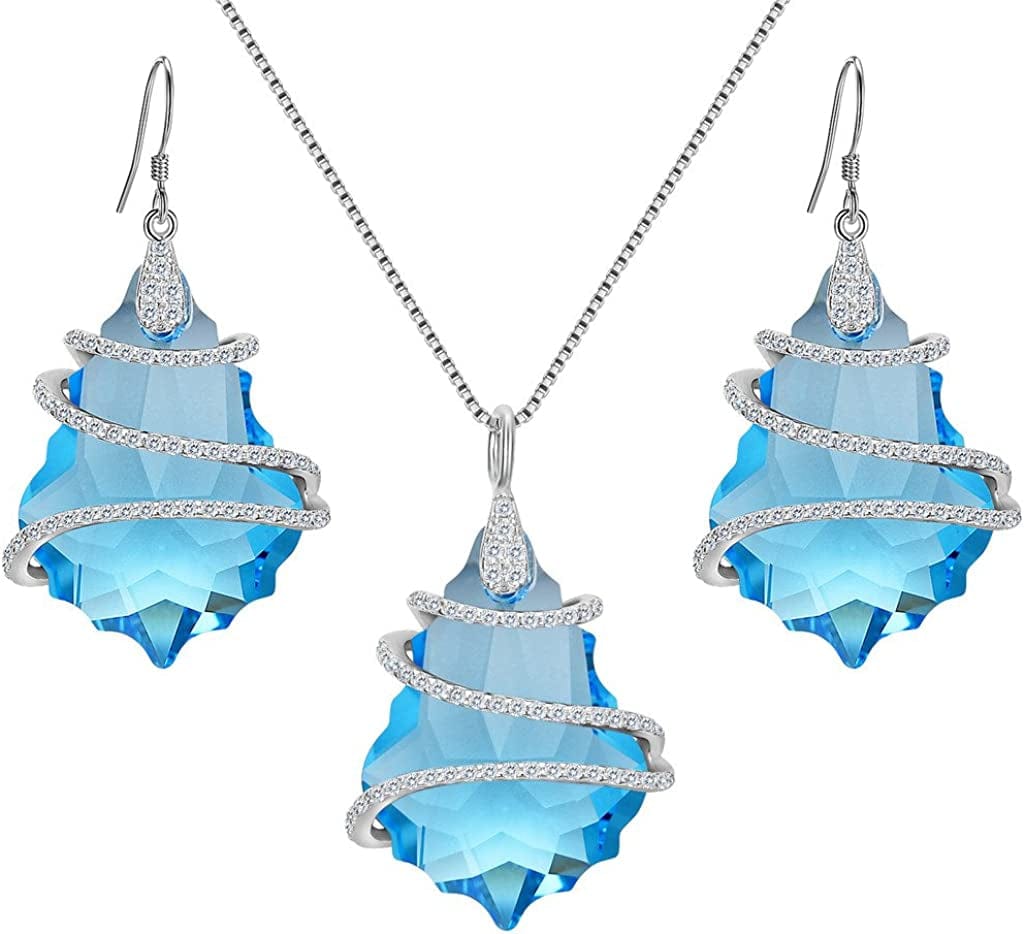 EVER FAITH 925 Sterling Silver Gift Jewelry for Women CZ Baroque Pendant Necklace Earrings Set 2-Aquamarine Color