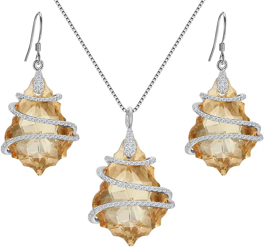 EVER FAITH 925 Sterling Silver Gift Jewelry for Women CZ Baroque Pendant Necklace Earrings Set 2-Champagne Color