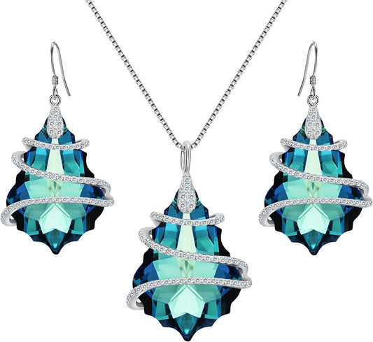 EVER FAITH 925 Sterling Silver Gift Jewelry for Women CZ Baroque Pendant Necklace Earrings Set 2-Bermuda Blue