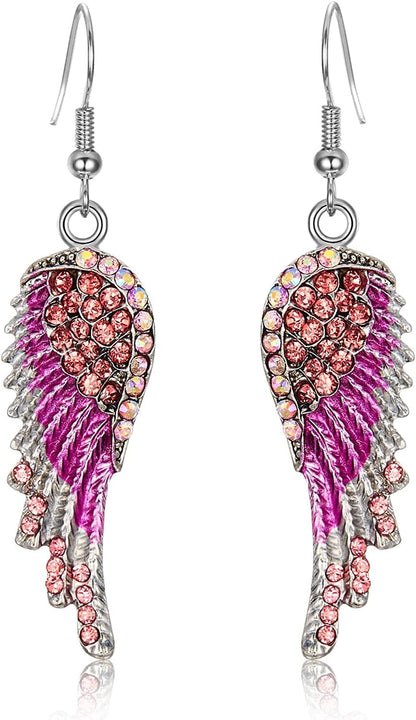 EVER FAITH Angel Wing Hook Earrings Austrian Crystal Silver-Tone Pink