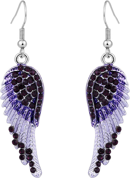 EVER FAITH Angel Wing Hook Earrings Austrian Crystal Silver-Tone Purple