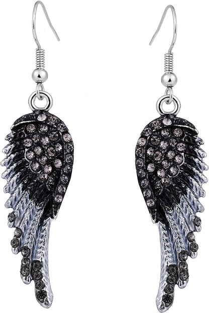 EVER FAITH Angel Wing Hook Earrings Austrian Crystal Silver-Tone Black