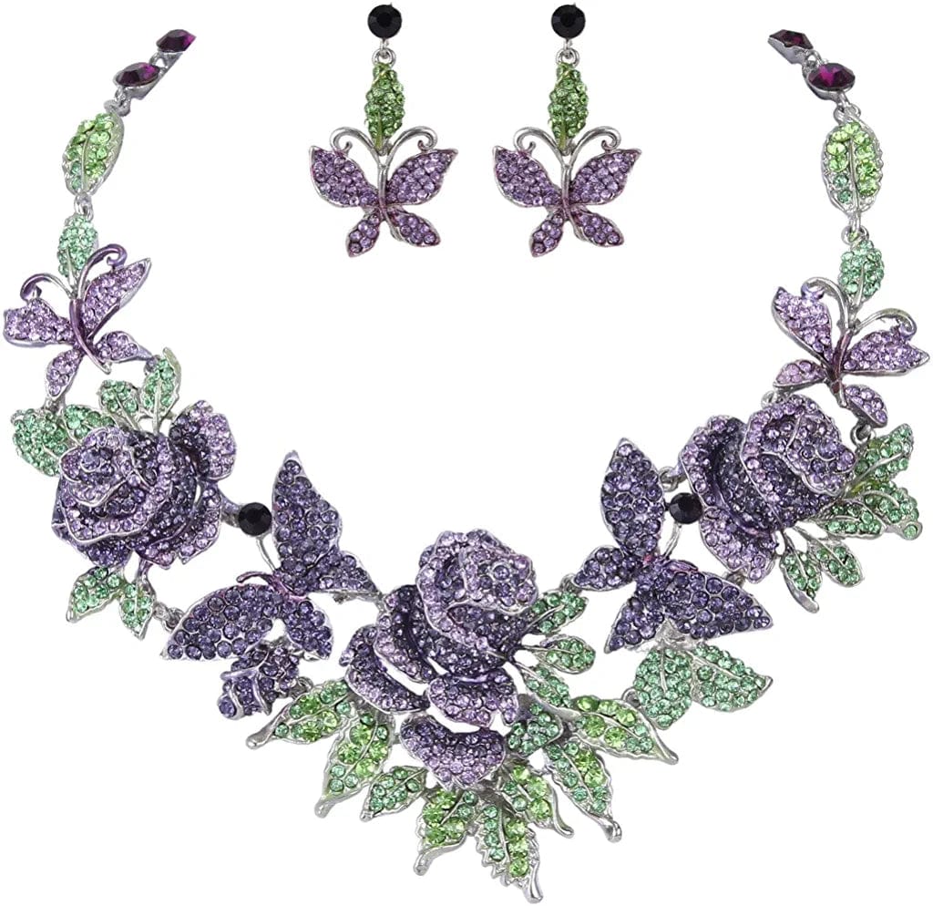 EVER FAITH Austrian Crystal Enamel Butterfly Rose Flower Leaf Necklace Earrings Set Purple Silver-Tone