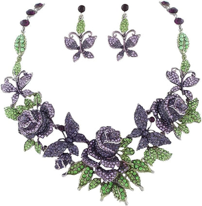 EVER FAITH Austrian Crystal Enamel Butterfly Rose Flower Leaf Necklace Earrings Set Purple w/ Green Silver-Tone