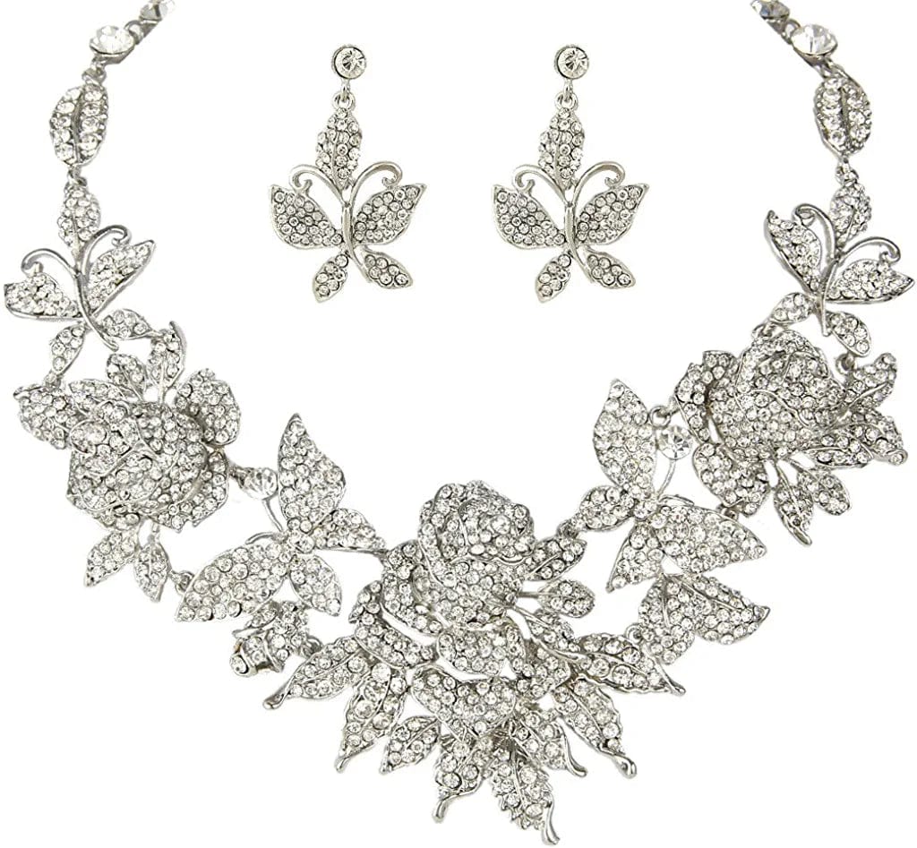 EVER FAITH Austrian Crystal Enamel Butterfly Rose Flower Leaf Necklace Earrings Set Clear Silver-Tone