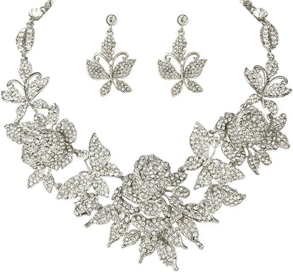 EVER FAITH Austrian Crystal Enamel Butterfly Rose Flower Leaf Necklace Earrings Set Clear Silver-Tone