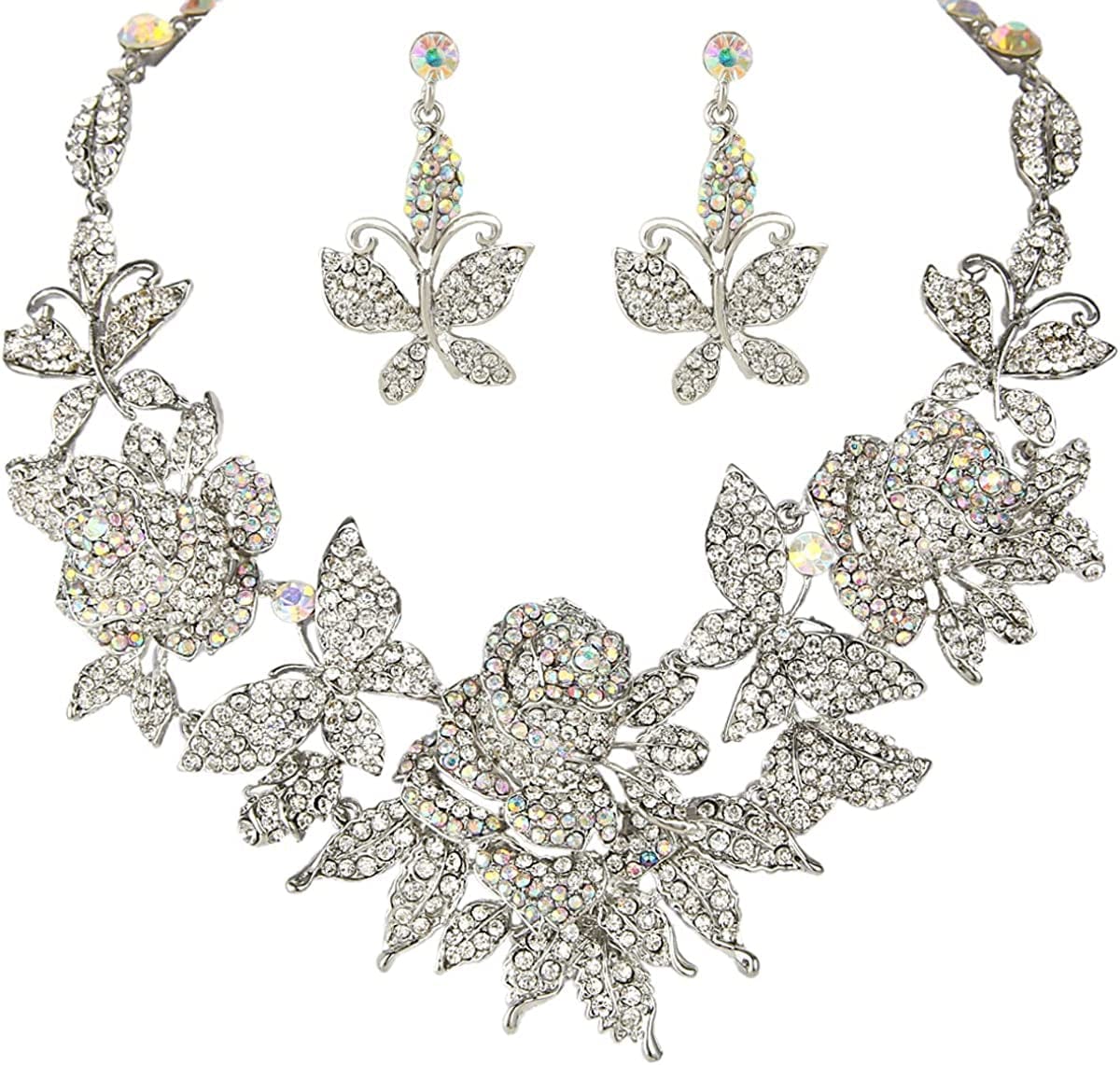 EVER FAITH Austrian Crystal Enamel Butterfly Rose Flower Leaf Necklace Earrings Set Iridescent AB Silver-Tone