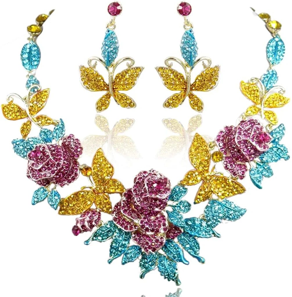 EVER FAITH Austrian Crystal Enamel Butterfly Rose Flower Leaf Necklace Earrings Set Multicolor Gold-Tone