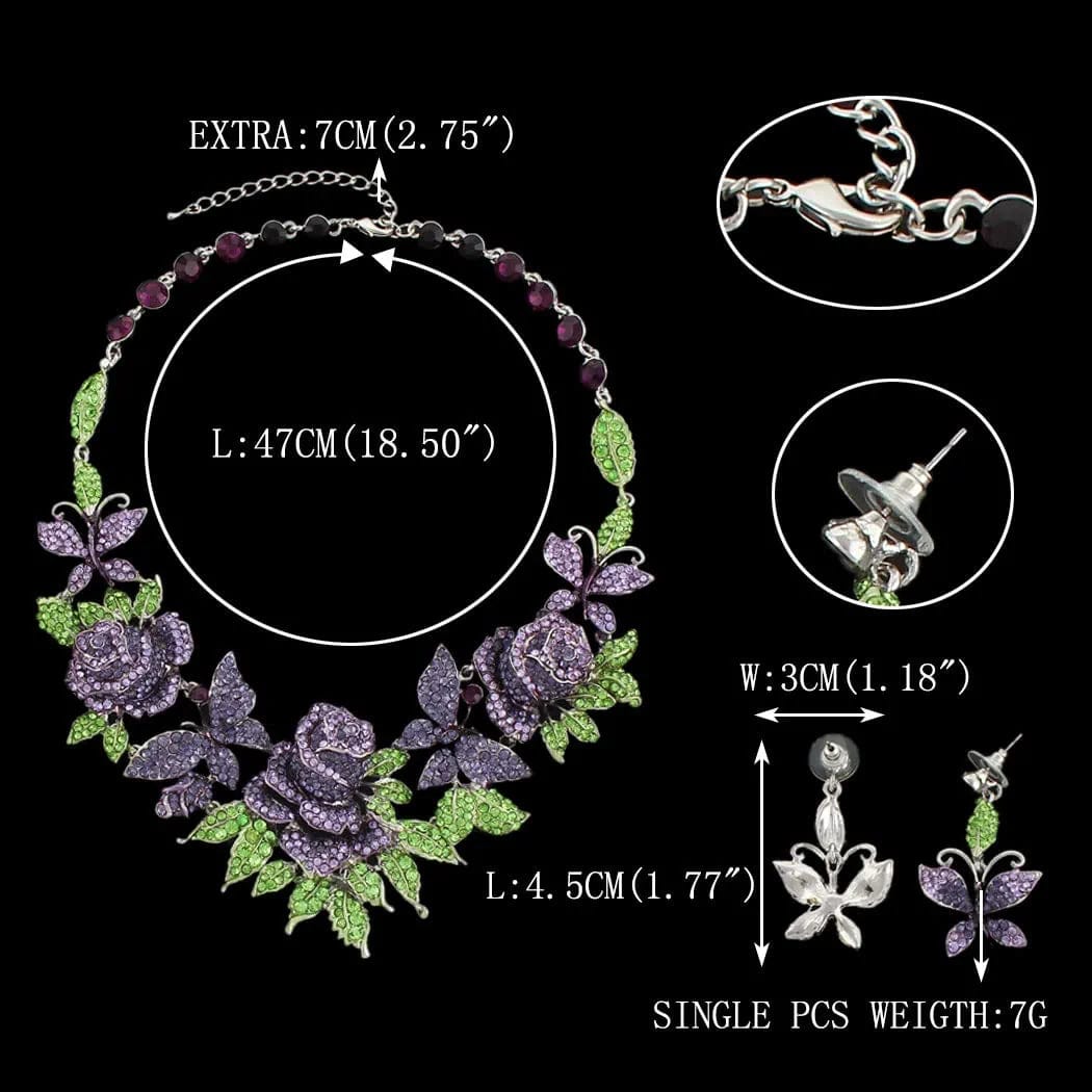 EVER FAITH Austrian Crystal Enamel Butterfly Rose Flower Leaf Necklace Earrings Set