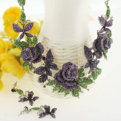 EVER FAITH Austrian Crystal Enamel Butterfly Rose Flower Leaf Necklace Earrings Set