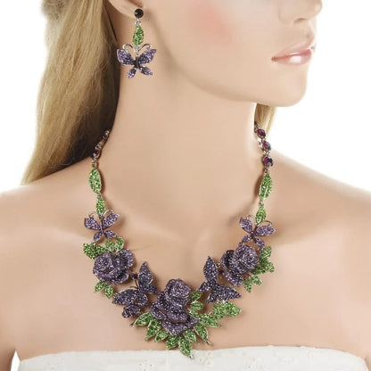 EVER FAITH Austrian Crystal Enamel Butterfly Rose Flower Leaf Necklace Earrings Set