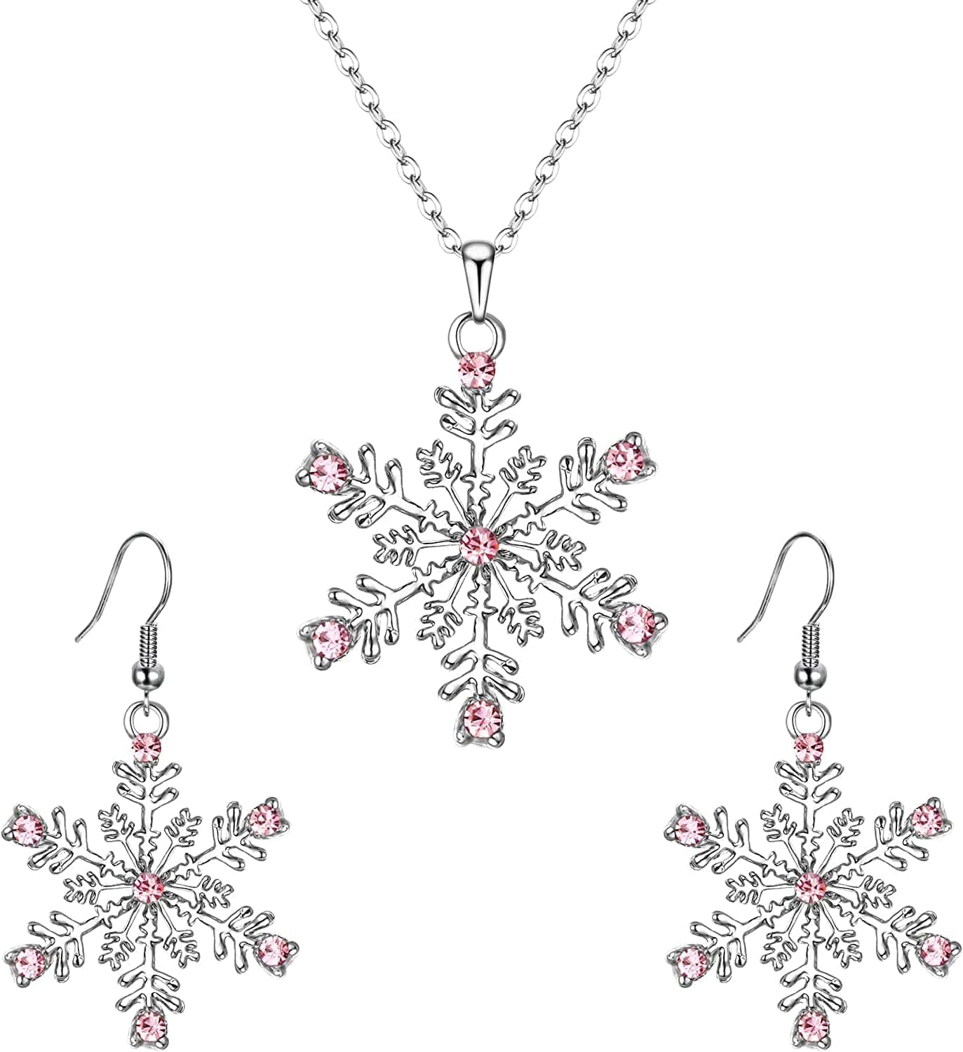 EVER FAITH Austrian Crystal Snowflake Flower Pendant Necklace Earrings Set Pink Silver-Tone