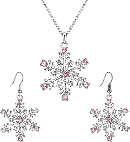 EVER FAITH Austrian Crystal Snowflake Flower Pendant Necklace Earrings Set Pink Silver-Tone