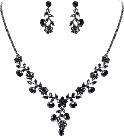 EVER FAITH Flower Leaf Necklace Earrings Set Austrian Crystal 2_Black Black-Tone