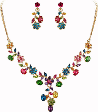 EVER FAITH Flower Leaf Necklace Earrings Set Austrian Crystal 3_Multicolor Gold-Tone