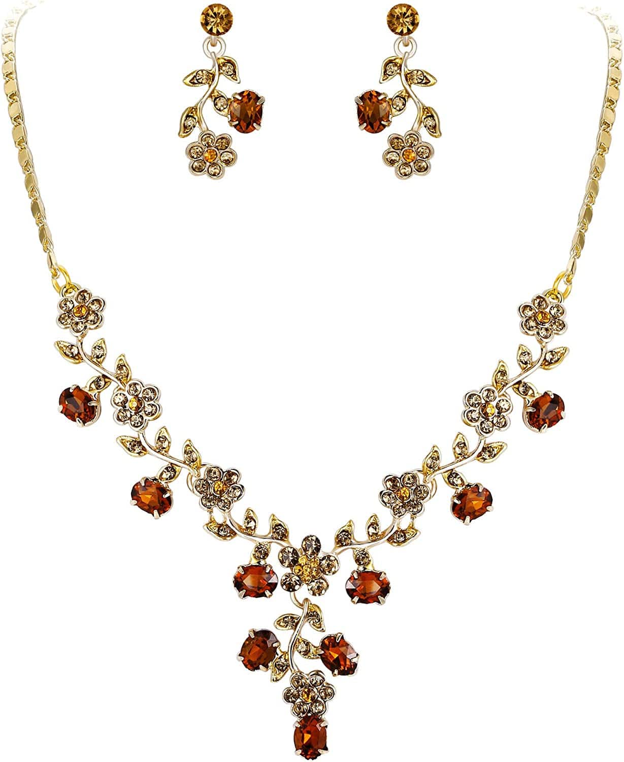 EVER FAITH Flower Leaf Necklace Earrings Set Austrian Crystal 15_Brown Gold-Tone