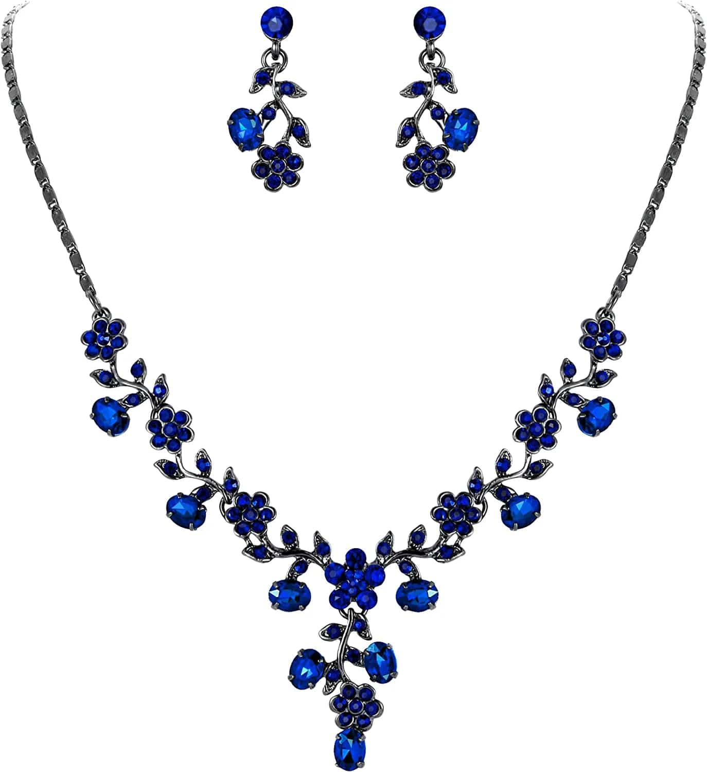 EVER FAITH Flower Leaf Necklace Earrings Set Austrian Crystal 9_Navy Blue Black-Tone