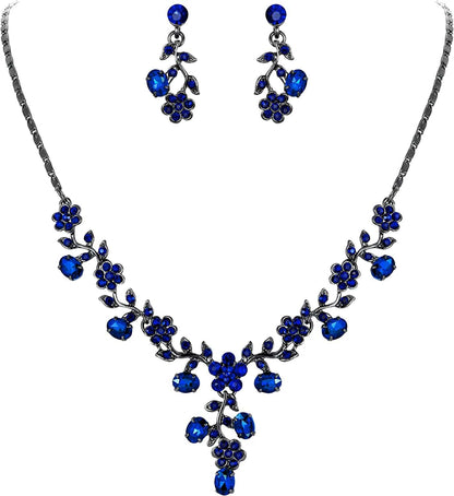 EVER FAITH Flower Leaf Necklace Earrings Set Austrian Crystal 9_Navy Blue Black-Tone