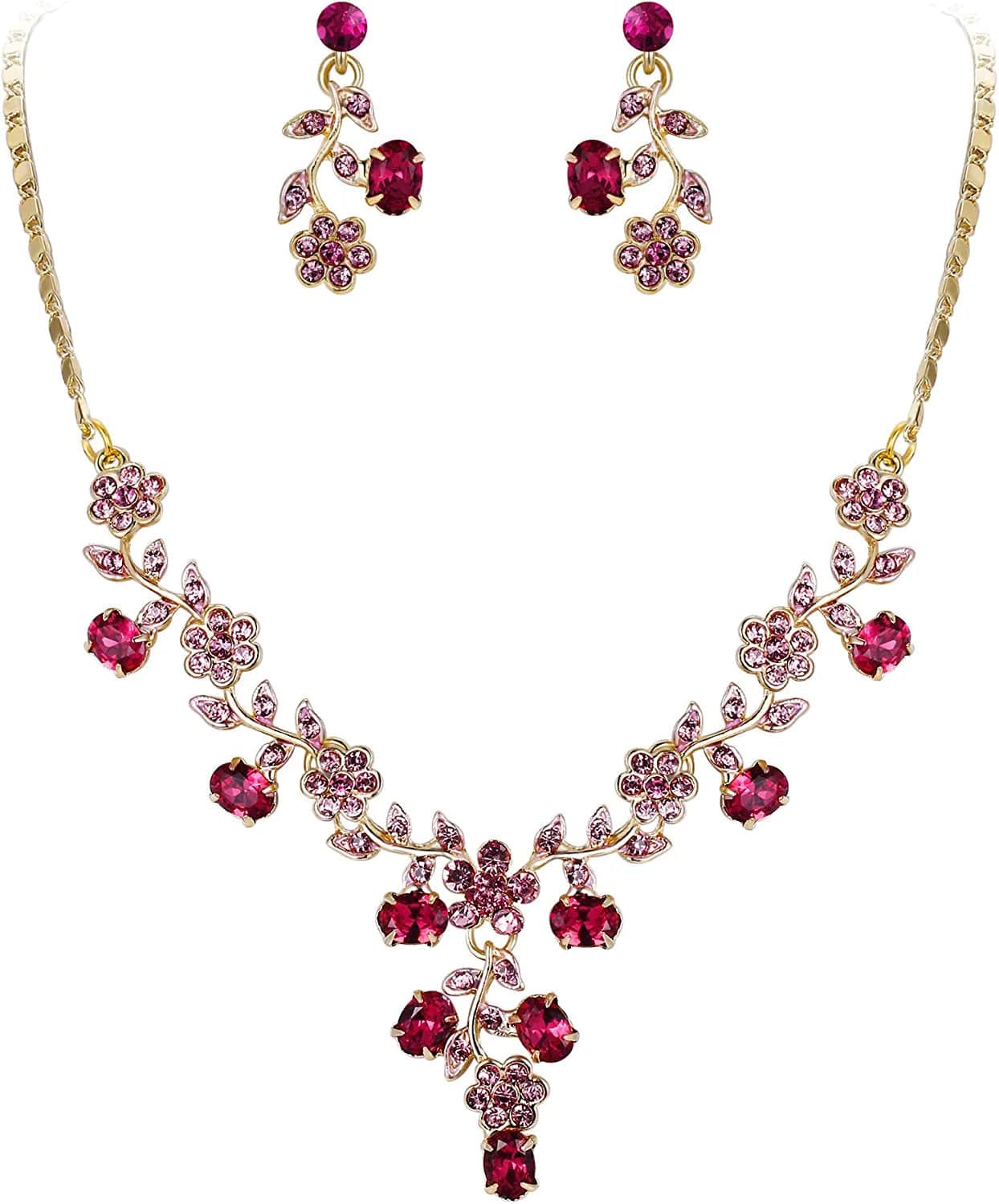 EVER FAITH Flower Leaf Necklace Earrings Set Austrian Crystal 12_Pink Gold-Tone