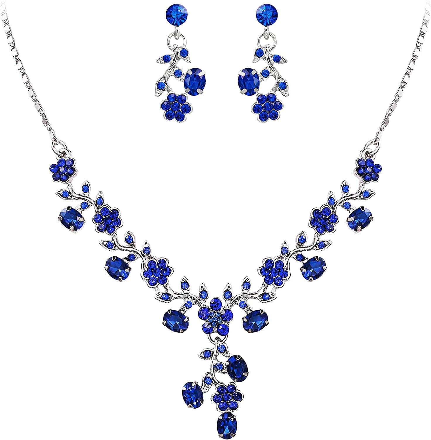 EVER FAITH Flower Leaf Necklace Earrings Set Austrian Crystal 7_Navy Blue Silver-Tone