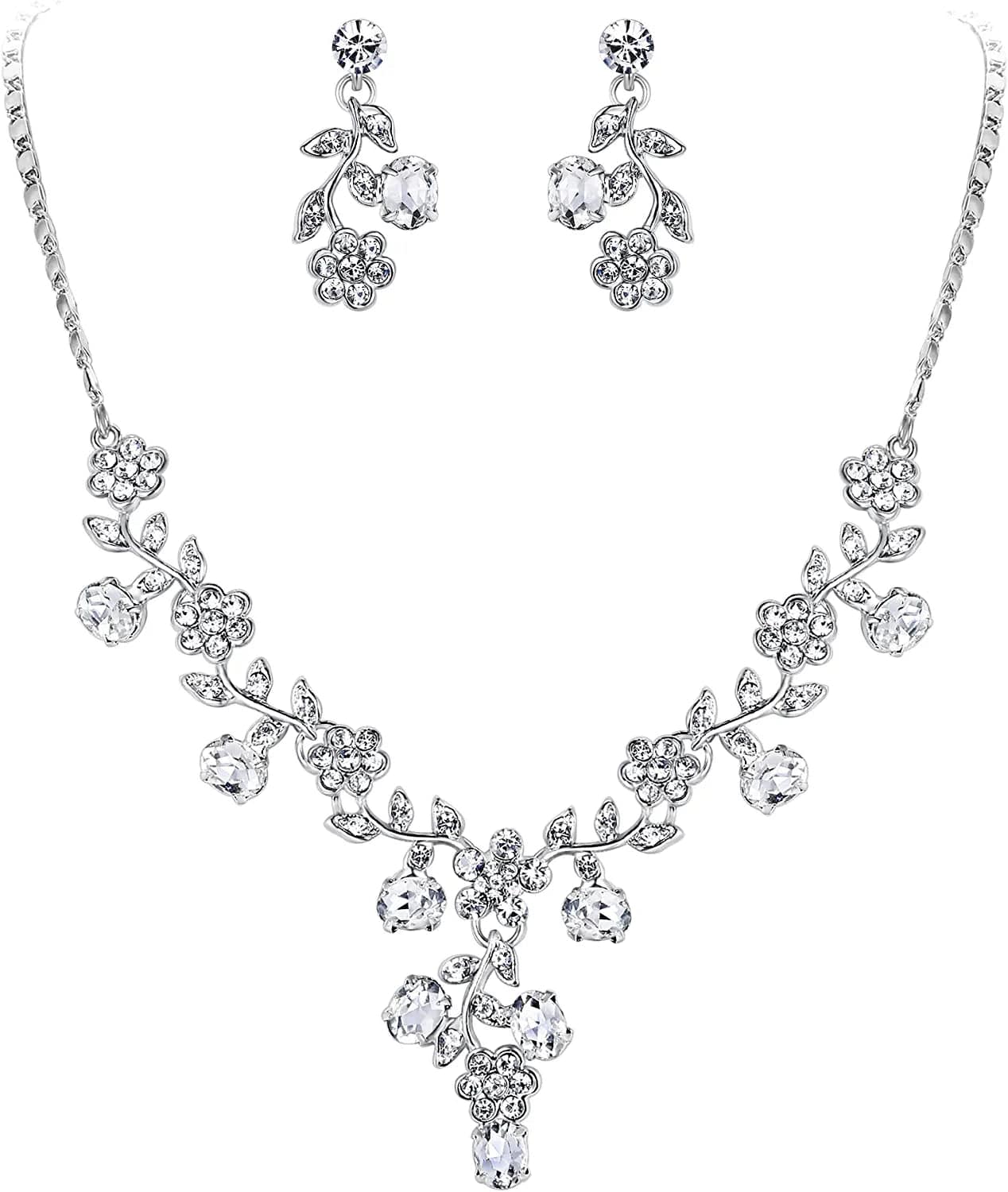 EVER FAITH Flower Leaf Necklace Earrings Set Austrian Crystal 17_Clear Silver-Tone