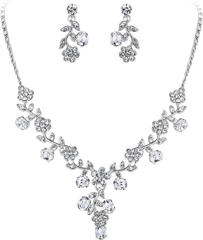 EVER FAITH Flower Leaf Necklace Earrings Set Austrian Crystal 17_Clear Silver-Tone