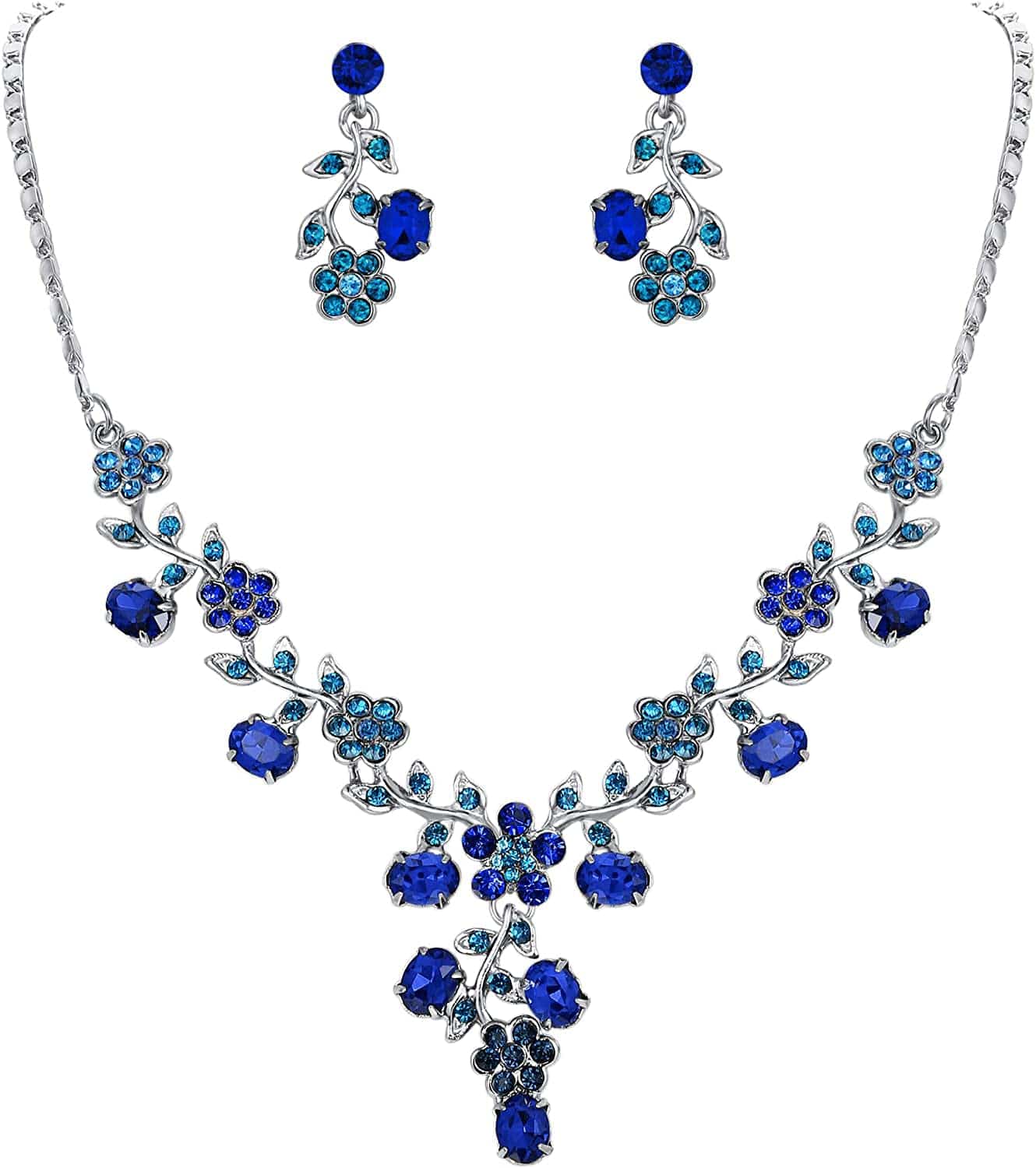 EVER FAITH Flower Leaf Necklace Earrings Set Austrian Crystal 14_Blue Silver-Tone