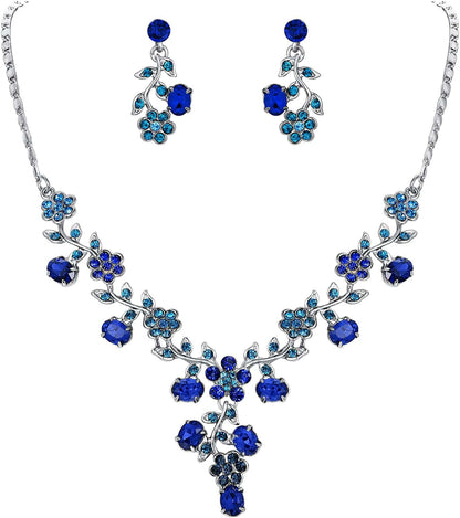 EVER FAITH Flower Leaf Necklace Earrings Set Austrian Crystal 14_Blue Silver-Tone