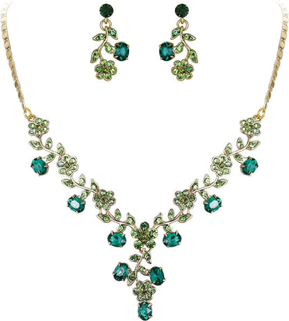EVER FAITH Flower Leaf Necklace Earrings Set Austrian Crystal 13_Green Gold-Tone