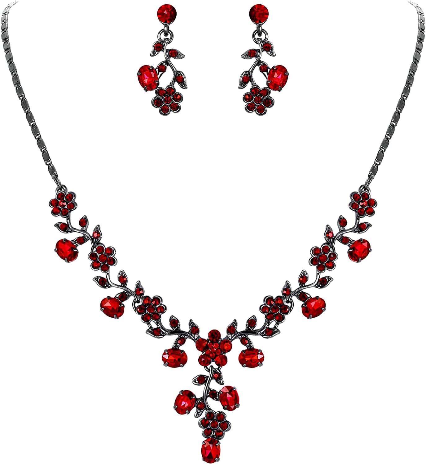 EVER FAITH Flower Leaf Necklace Earrings Set Austrian Crystal 8_Red Black-Tone