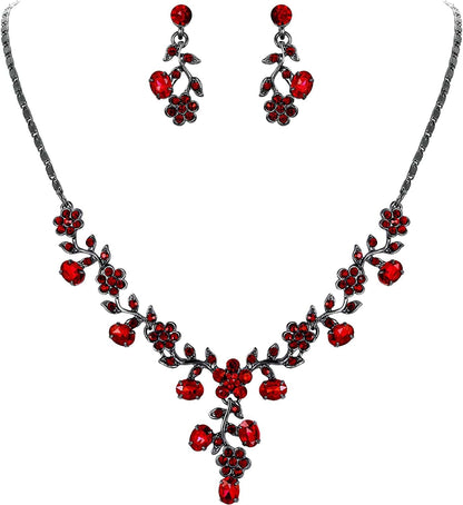 EVER FAITH Flower Leaf Necklace Earrings Set Austrian Crystal 8_Red Black-Tone