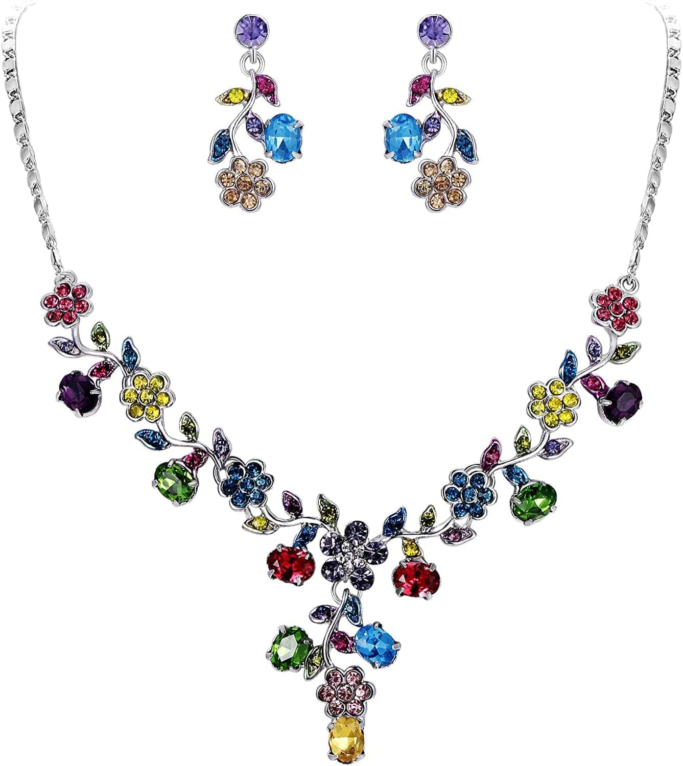EVER FAITH Flower Leaf Necklace Earrings Set Austrian Crystal 5_Multicolor Silver-Tone