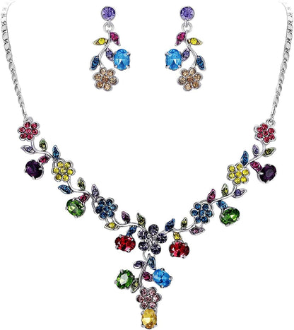 EVER FAITH Flower Leaf Necklace Earrings Set Austrian Crystal 5_Multicolor Silver-Tone