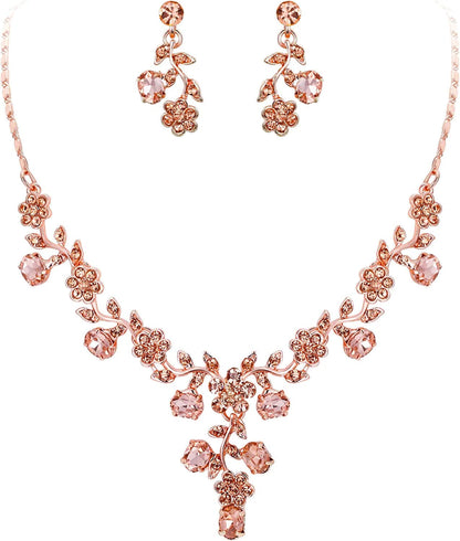 EVER FAITH Flower Leaf Necklace Earrings Set Austrian Crystal 16_Champagne Rose Gold-Tone