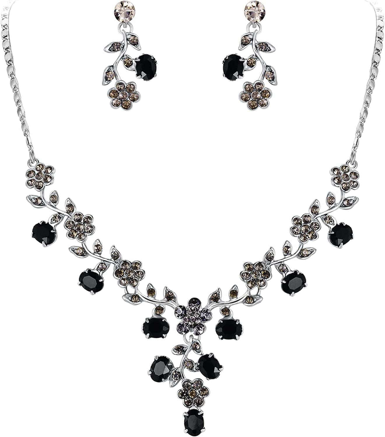EVER FAITH Flower Leaf Necklace Earrings Set Austrian Crystal 11_Black Silver-Tone