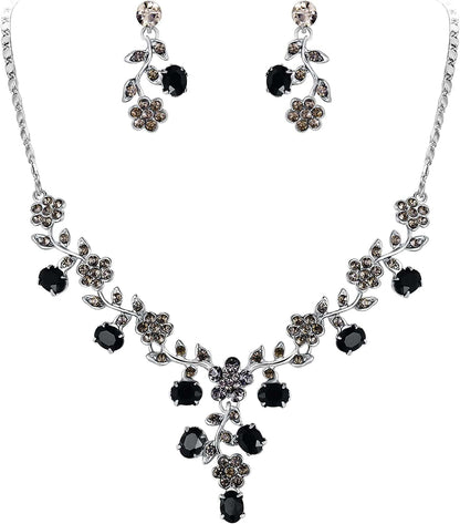 EVER FAITH Flower Leaf Necklace Earrings Set Austrian Crystal 11_Black Silver-Tone