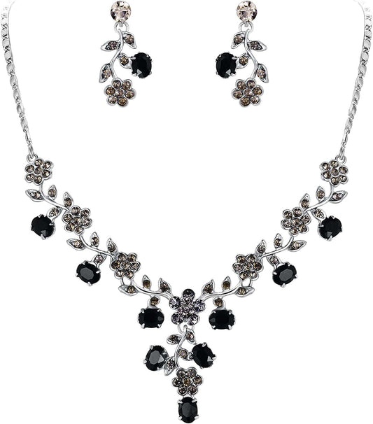 EVER FAITH Flower Leaf Necklace Earrings Set Austrian Crystal 11_Black Silver-Tone