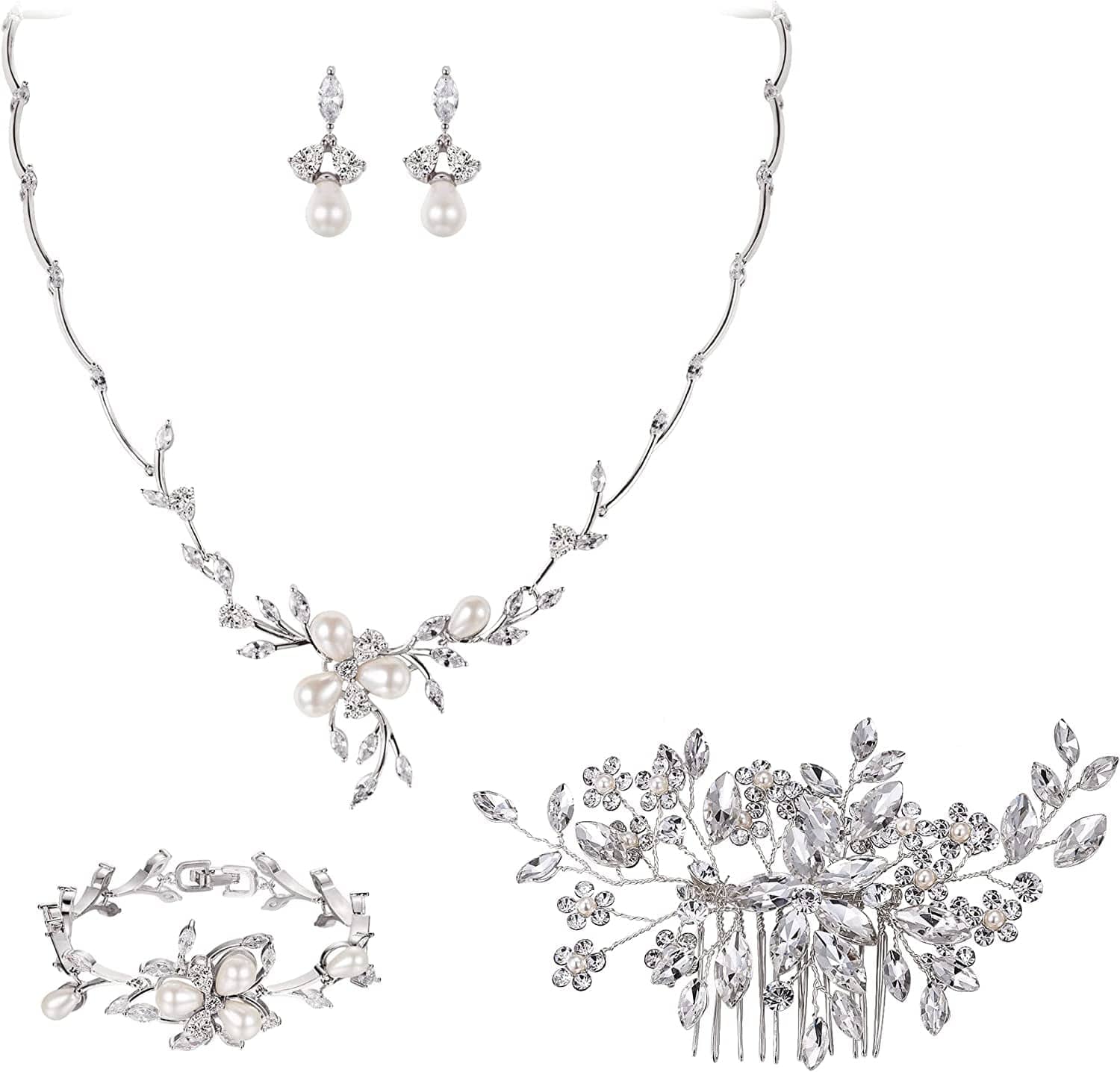 EVER FAITH Marquise CZ Simulated Pearl Bridal Flower Leaf Filigree Necklace Earrings Bracelet Set Necklace+Earring+Bracelet+Hair Comb