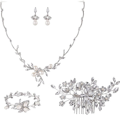 EVER FAITH Marquise CZ Simulated Pearl Bridal Flower Leaf Filigree Necklace Earrings Bracelet Set Necklace+Earring+Bracelet+Hair Comb